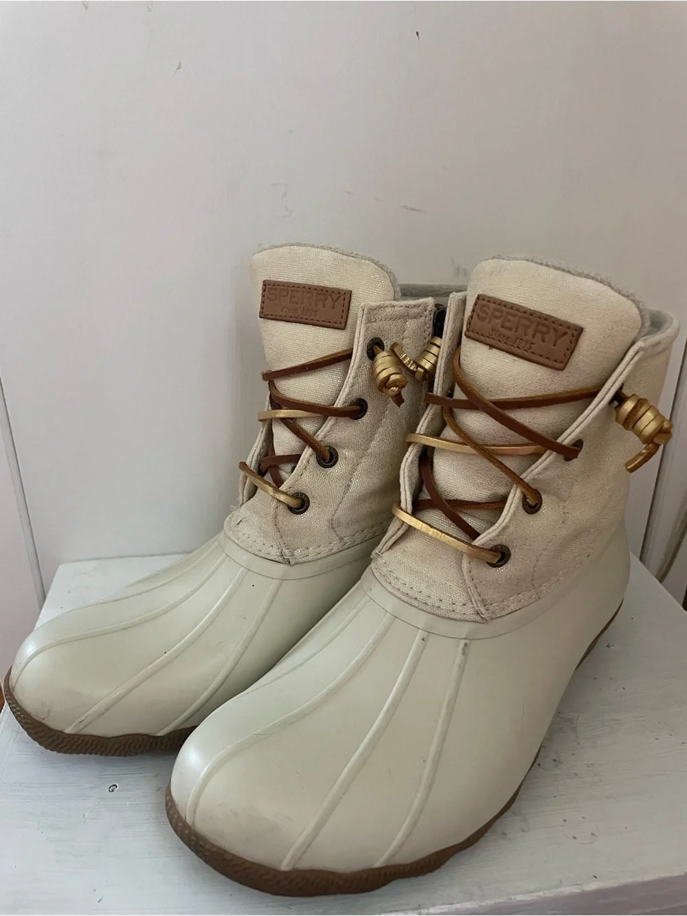 Sperry Cream and Brown Women's Winter Rain Boots